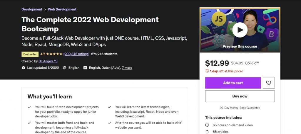The Complete 2022 Web Development Bootcamp - best web development courses on udemy